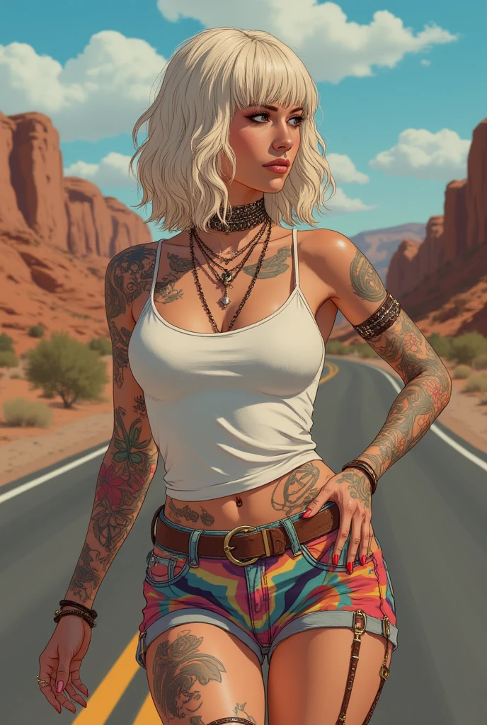 Une magnifique femme aux cheveux clairs, coupe avec franges , elle porte un top blanc et un short de couleur. Elle a le corps entièrement tatoué et des piercings, (voyage sur la route)