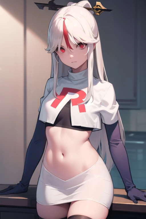 ningguang, ningguang, grey hair, hair ornament, hairpin, long hair, parted bangs, (red eyes:1.5), sidelocks, streaked hair, red hair,
BREAK jewelry, team rocket,team rocket uniform,white skirt,red letter R,crop top,black thigh-highs,black elbow gloves,
BREAK looking at viewer, cowboy shot,
BREAK (masterpiece:1.2), best quality, high resolution, unity 8k wallpaper, (illustration:0.8), (beautiful detailed eyes:1.6), extremely detailed face, perfect lighting, extremely detailed CG, (perfect hands, perfect anatomy),