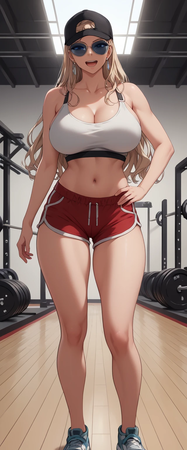 Kanna from Blue Archive, sharp teeth, long hair, Sport bra, highleg panty, 1girl, Masterpiece, Best Quality, HDR, Blue archive artstyle, Detailed face, sexy pose, breasts, Full body picture, front view, Long animal ears, Working out