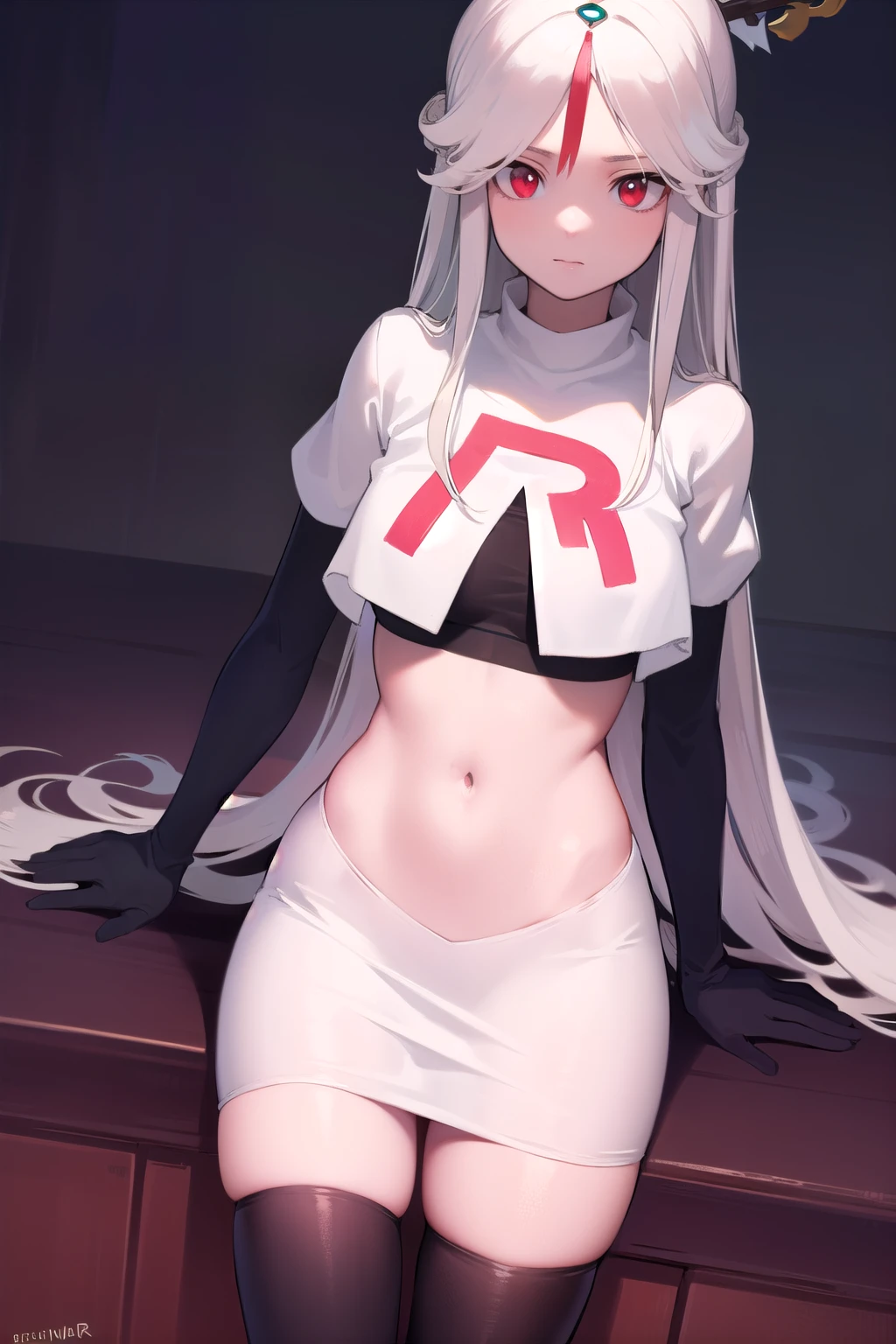 ningguang, ningguang, grey hair, hair ornament, hairpin, long hair, parted bangs, (red eyes:1.5), sidelocks, streaked hair, red hair,
BREAK jewelry, team rocket,team rocket uniform,white skirt,red letter R,crop top,black thigh-highs,black elbow gloves,
BREAK looking at viewer, cowboy shot,
BREAK (masterpiece:1.2), best quality, high resolution, unity 8k wallpaper, (illustration:0.8), (beautiful detailed eyes:1.6), extremely detailed face, perfect lighting, extremely detailed CG, (perfect hands, perfect anatomy),