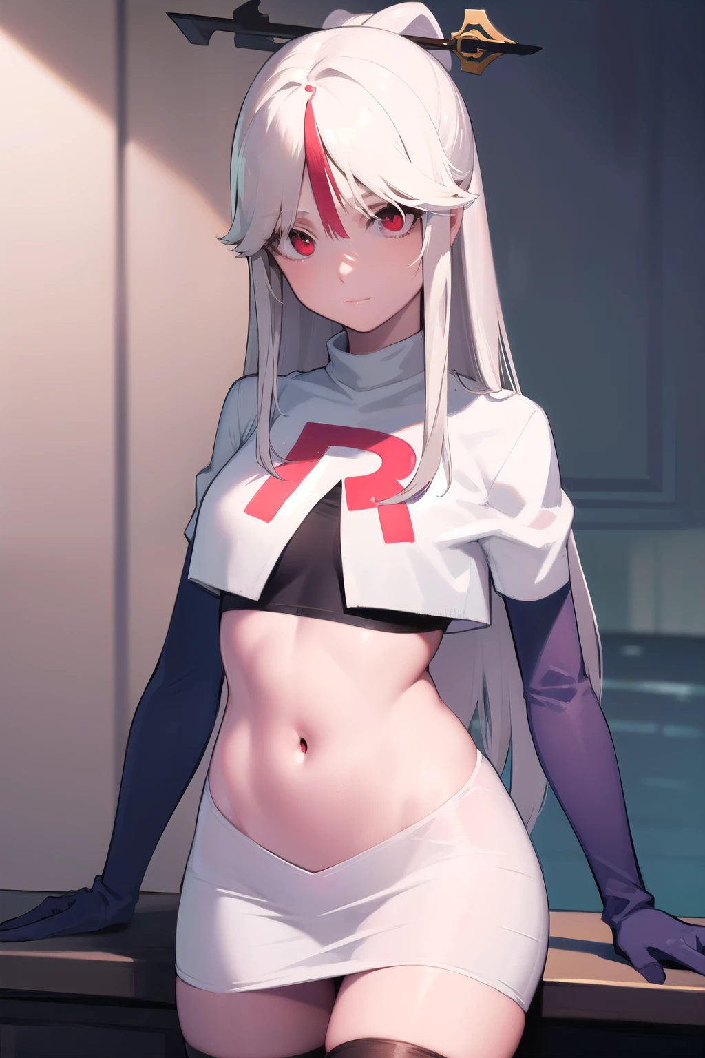 ningguang, ningguang, grey hair, hair ornament, hairpin, long hair, parted bangs, (red eyes:1.5), sidelocks, streaked hair, red hair,
BREAK jewelry, team rocket,team rocket uniform,white skirt,red letter R,crop top,black thigh-highs,black elbow gloves,
BREAK looking at viewer, cowboy shot,
BREAK (masterpiece:1.2), best quality, high resolution, unity 8k wallpaper, (illustration:0.8), (beautiful detailed eyes:1.6), extremely detailed face, perfect lighting, extremely detailed CG, (perfect hands, perfect anatomy),