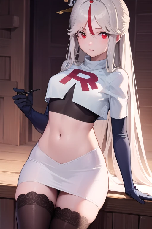 ningguang, ningguang, grey hair, hair ornament, hairpin, long hair, parted bangs, (red eyes:1.5), sidelocks, streaked hair, red hair,
BREAK jewelry, team rocket,team rocket uniform,white skirt,red letter R,crop top,black thigh-highs,black elbow gloves,
BREAK looking at viewer, cowboy shot,
BREAK (masterpiece:1.2), best quality, high resolution, unity 8k wallpaper, (illustration:0.8), (beautiful detailed eyes:1.6), extremely detailed face, perfect lighting, extremely detailed CG, (perfect hands, perfect anatomy),