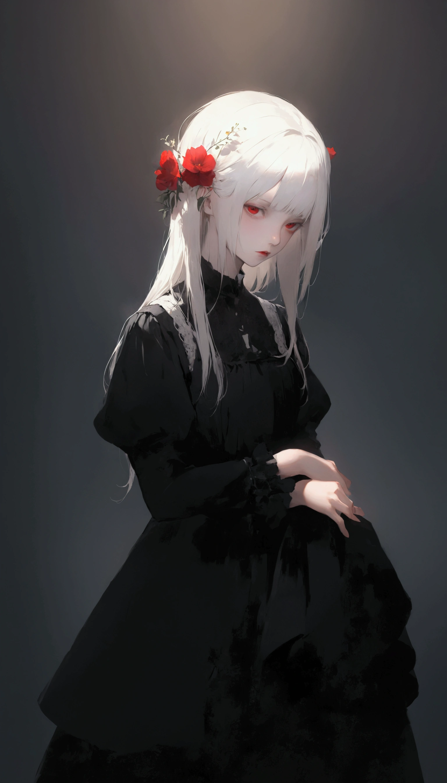 ((  surreal illustration with slightly red flower heads:1.3)),(Black clothes),    one woman、Alone、   cute 18 year old、 (albino:1.4)、Slavic Women  、 ,    long white hair   ,  I'm wearing a  , ((The flower head is slightly red  :1.4)).   Innocent expression   . kind.(virgin),   expressionless、(   playful   :1.2).    mascara, Glass, Red lipstick,    dress, (   black pantyhose ), pumps. Masterpiece, (   very detailed:1.2),(     detailed faces and eyes  :1.2), 8k wallpaper,    Moody Lighting. Core Shadow,    high contrast , Bokeh.