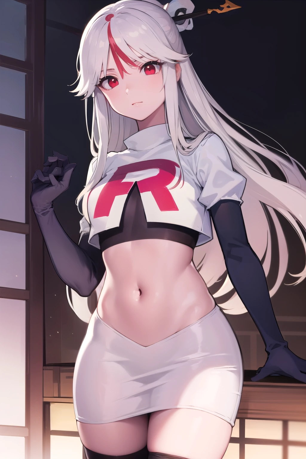 ningguang, ningguang, grey hair, hair ornament, hairpin, long hair, parted bangs, (red eyes:1.5), sidelocks, streaked hair, red hair,
BREAK jewelry, team rocket,team rocket uniform,white skirt,red letter R,crop top,black thigh-highs,black elbow gloves,
BREAK looking at viewer, cowboy shot,
BREAK (masterpiece:1.2), best quality, high resolution, unity 8k wallpaper, (illustration:0.8), (beautiful detailed eyes:1.6), extremely detailed face, perfect lighting, extremely detailed CG, (perfect hands, perfect anatomy),