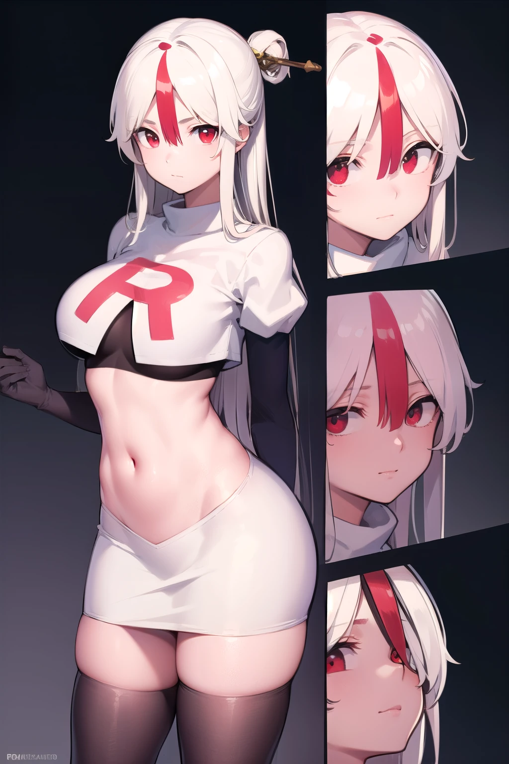 ningguang, ningguang, grey hair, hair ornament, hairpin, long hair, parted bangs, (red eyes:1.5), sidelocks, streaked hair, red hair,
BREAK jewelry, team rocket,team rocket uniform,white skirt,red letter R,crop top,black thigh-highs,black elbow gloves,
BREAK looking at viewer, cowboy shot,
BREAK (masterpiece:1.2), best quality, high resolution, unity 8k wallpaper, (illustration:0.8), (beautiful detailed eyes:1.6), extremely detailed face, perfect lighting, extremely detailed CG, (perfect hands, perfect anatomy),