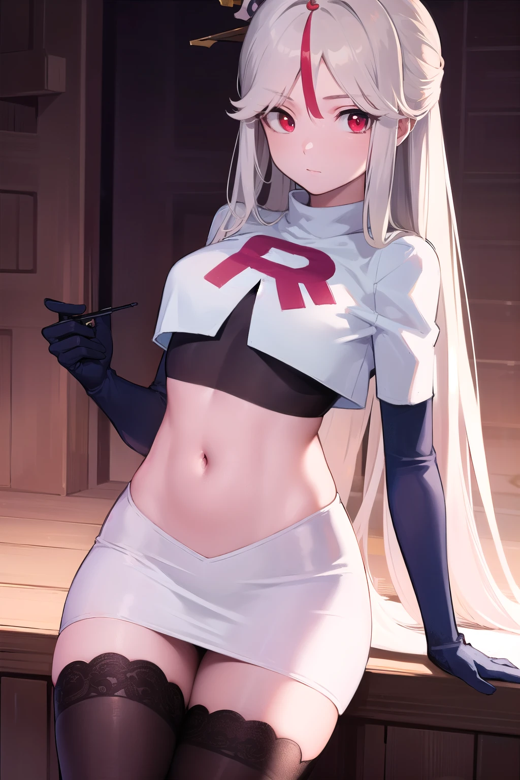 ningguang, ningguang, grey hair, hair ornament, hairpin, long hair, parted bangs, (red eyes:1.5), sidelocks, streaked hair, red hair,
BREAK jewelry, team rocket,team rocket uniform,white skirt,red letter R,crop top,black thigh-highs,black elbow gloves,
BREAK looking at viewer, cowboy shot,
BREAK (masterpiece:1.2), best quality, high resolution, unity 8k wallpaper, (illustration:0.8), (beautiful detailed eyes:1.6), extremely detailed face, perfect lighting, extremely detailed CG, (perfect hands, perfect anatomy),