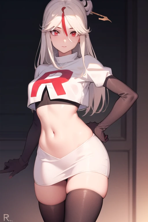 ningguang, ningguang, grey hair, hair ornament, hairpin, long hair, parted bangs, (red eyes:1.5), sidelocks, streaked hair, red hair,
BREAK jewelry, team rocket,team rocket uniform,white skirt,red letter R,crop top,black thigh-highs,black elbow gloves,
BREAK looking at viewer, cowboy shot,
BREAK (masterpiece:1.2), best quality, high resolution, unity 8k wallpaper, (illustration:0.8), (beautiful detailed eyes:1.6), extremely detailed face, perfect lighting, extremely detailed CG, (perfect hands, perfect anatomy),