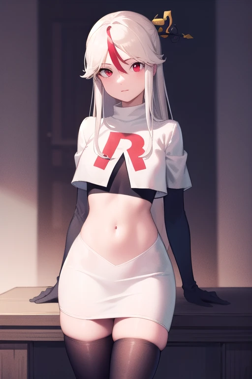 ningguang, ningguang, grey hair, hair ornament, hairpin, long hair, parted bangs, (red eyes:1.5), sidelocks, streaked hair, red hair,
BREAK jewelry, team rocket,team rocket uniform,white skirt,red letter R,crop top,black thigh-highs,black elbow gloves,
BREAK looking at viewer, cowboy shot,
BREAK (masterpiece:1.2), best quality, high resolution, unity 8k wallpaper, (illustration:0.8), (beautiful detailed eyes:1.6), extremely detailed face, perfect lighting, extremely detailed CG, (perfect hands, perfect anatomy),