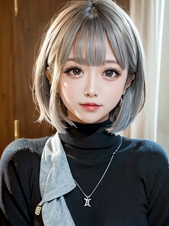 Realistic, masterpiece, highest quality, highest resolution, A portrait depicting only the upper body of a Japanese woman, He looks happy and smiles with his mouth slightly open., slightly turned to the side, definitely looking at the audience, beautiful detailed eyes, black eyes, thin eyebrows, Carefully draw eyelashes, natural makeup, brown eyeliner, light orange cheek, light colored lipstick, short hair, Silver hair with blue tips, detailed face, Simple design black turtleneck sweater, simple design silver earrings, Silver necklace with a tiny crescent moon charm