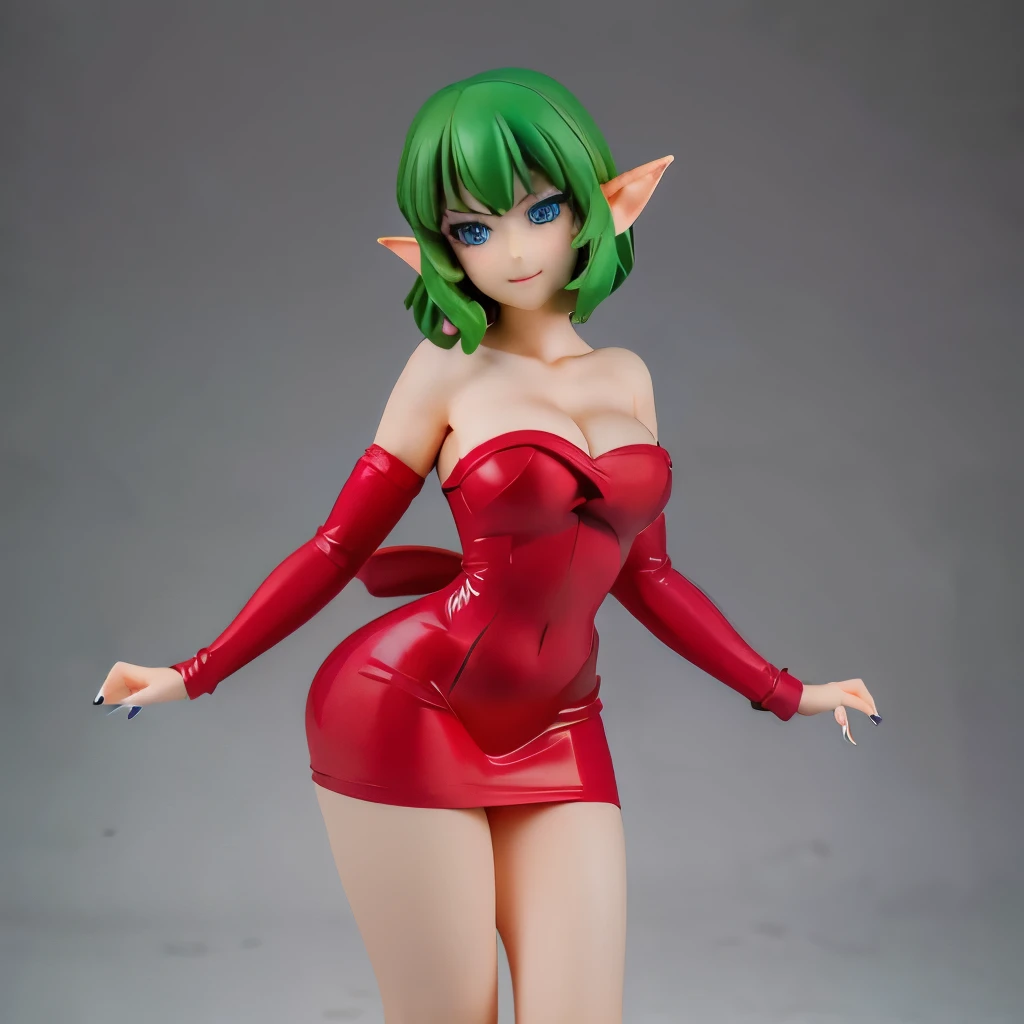 (( masterpiece, better quality,Ultra delicate,Perfect face,16K, high resolution,very pretty girl)),Medium Short Green Hair ,  seductive pose,Red strapless fitted tube dress with huge red ribbon , Long Sleeves Red , high red heels ,Elf girl,Blue eyes, beautiful smile,20 years
