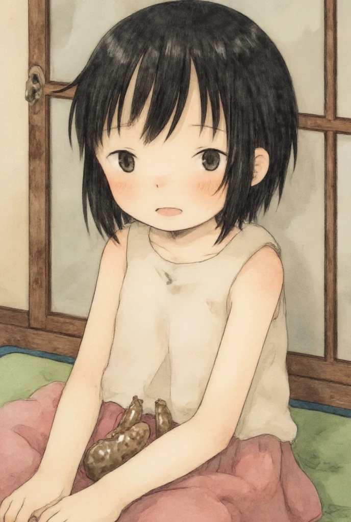  High Quality 、4K、 black hair、 short hair、Girlの幼い身体、 flat chest、Girl（About ）、A slug about the size of an arm、Slugs that parasitize on the female genitals 、 slugs enter the female genitals、Expressions mixed with pleasure and disgust （blush）、My room with tatami mats 、 exposed 、Sigh、 wet skin、Insect rape