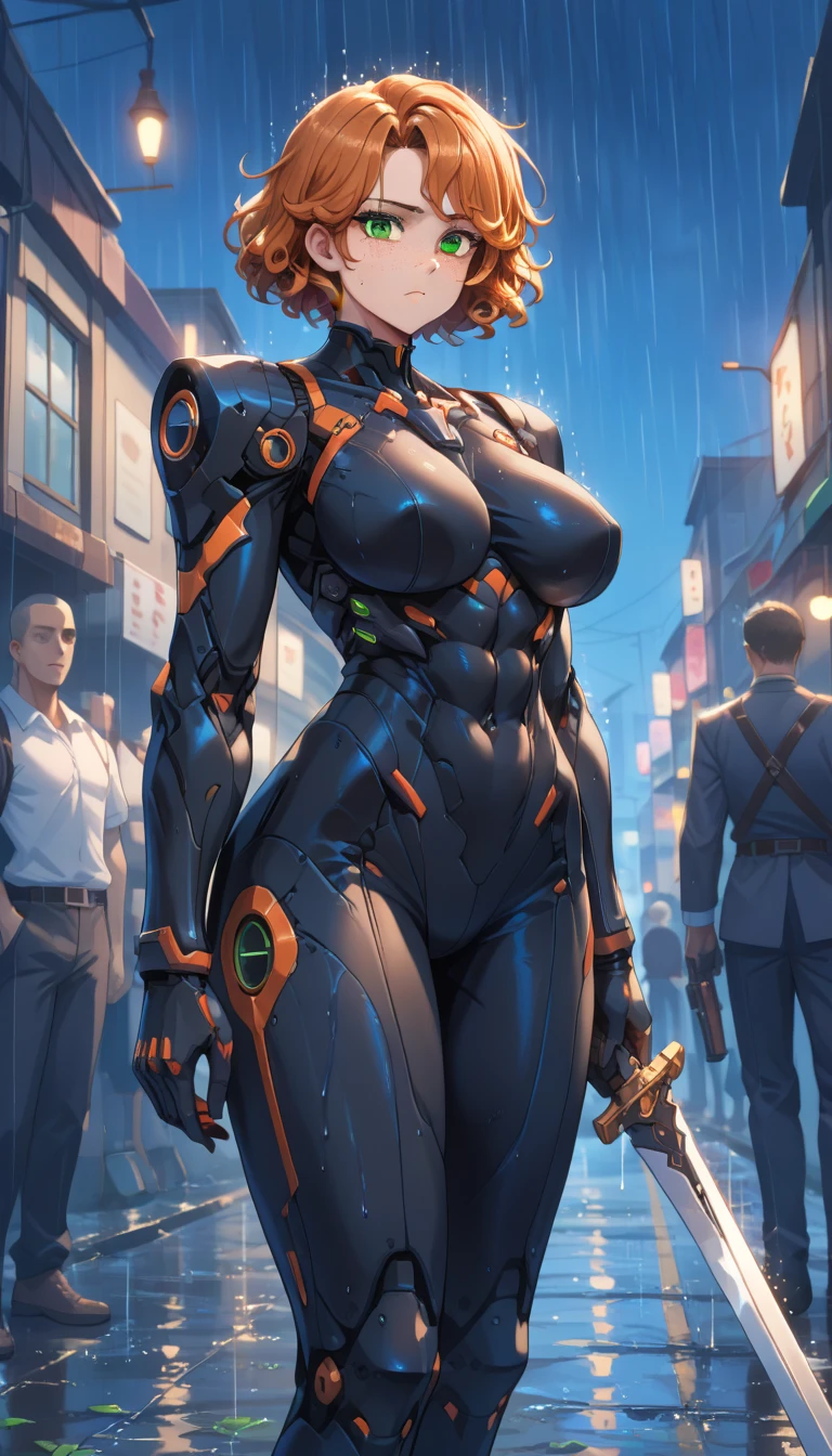 ((full body):1.5) {1/woman:wearing black wick costume with golden parts ((extremely tight on body):1.5), ((has extremely large breasts):2), has very short blue hair very smooth, green eyes, ((looking at the viewer doing sexual poses standing):1.3), red lipstick on his mouth, holding futuristic weapons}. (({metallic robots})): behind only {1/woman} doing vigil. In a futuristic city, it's nighttime, raining heavily. Hyperrealism, 16k, masterpiece, anatomically correct, award winning, ((best quality, high quality):1.5), high details, UHD