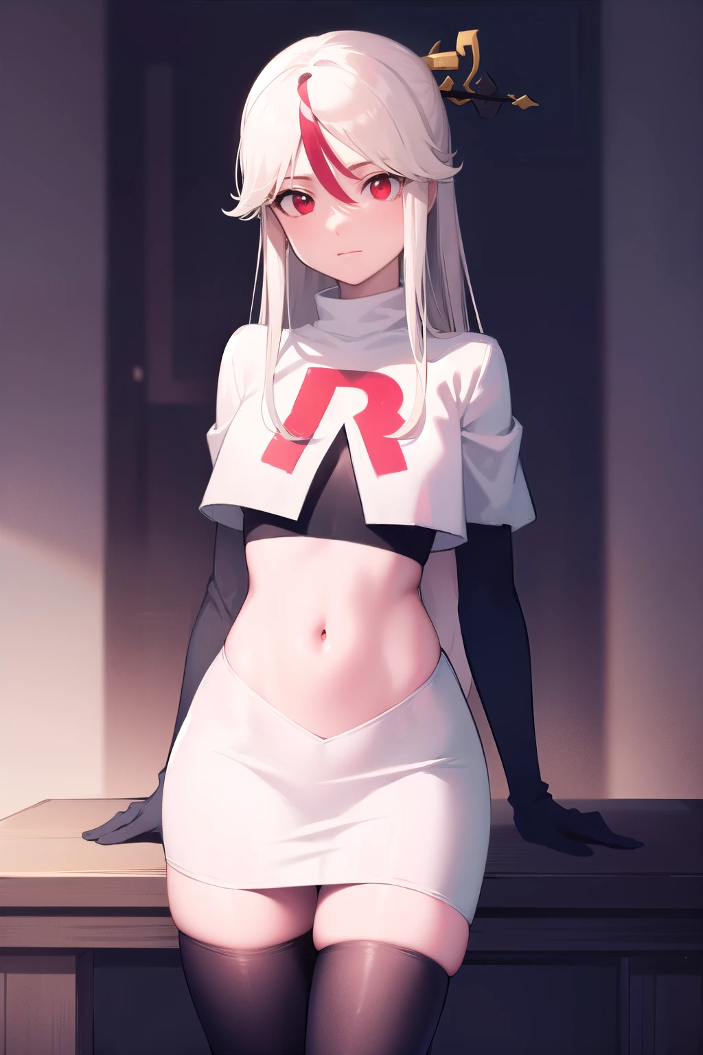 ningguang, ningguang, grey hair, hair ornament, hairpin, long hair, parted bangs, (red eyes:1.5), sidelocks, streaked hair, red hair,
BREAK jewelry, team rocket,team rocket uniform,white skirt,red letter R,crop top,black thigh-highs,black elbow gloves,
BREAK looking at viewer, cowboy shot,
BREAK (masterpiece:1.2), best quality, high resolution, unity 8k wallpaper, (illustration:0.8), (beautiful detailed eyes:1.6), extremely detailed face, perfect lighting, extremely detailed CG, (perfect hands, perfect anatomy),