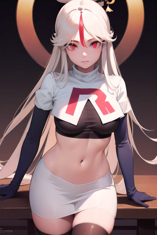 ningguang, ningguang, grey hair, hair ornament, hairpin, long hair, parted bangs, (red eyes:1.5), sidelocks, streaked hair, red hair,
BREAK jewelry, team rocket,team rocket uniform,white skirt,red letter R,crop top,black thigh-highs,black elbow gloves,
BREAK looking at viewer, cowboy shot,
BREAK (masterpiece:1.2), best quality, high resolution, unity 8k wallpaper, (illustration:0.8), (beautiful detailed eyes:1.6), extremely detailed face, perfect lighting, extremely detailed CG, (perfect hands, perfect anatomy),