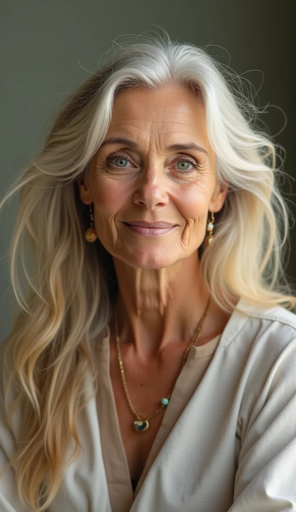 (Masterpiece: 1.2, highest quality), (real photo, intricate details), 1 Lady, Solo, Upper body, Casual, shoulder length hair, Minimal makeup, Natural fabric, Face close-up, Smile, Home, white hair, blue eyes