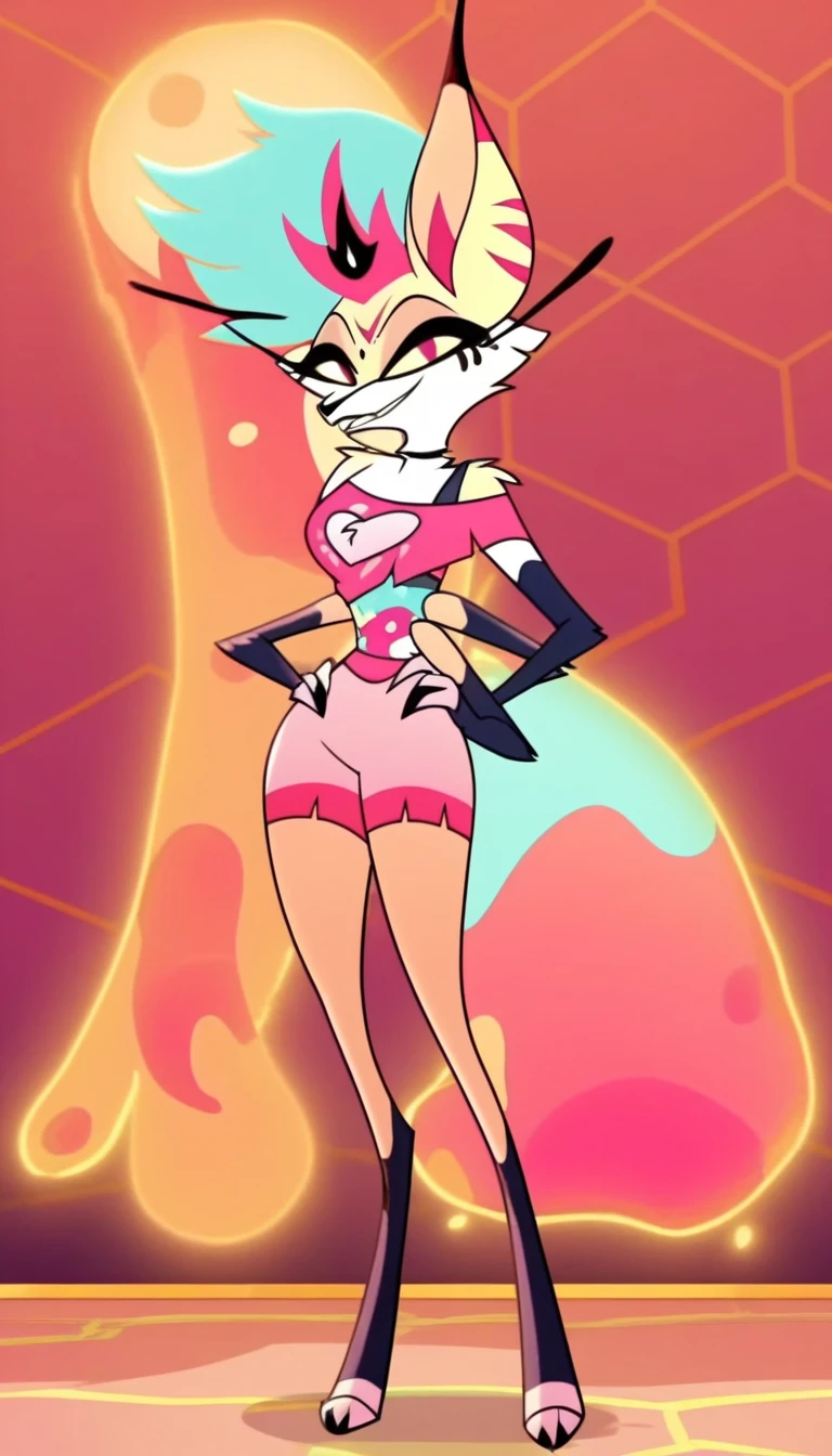 Queen bee, Helluva boss, standing, full body, :3, sassy face, anime style, medium breasts, detailed body fur, detailed body, detailed face, detailed eyes, glistering body, shiny body, skinny, high quality, masterpiece, paws whit three toes, skinny, sassy face, city, clear sky, Queen bee clothes, 4 arms, bee wings, sexy,