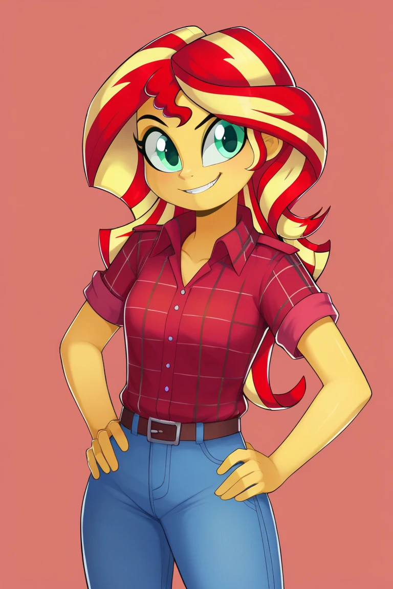 score_9, score_8_up, score_7_up BREAKSambaNekoStyle, sunset shimmer,pestil, painterly hair, sharp contrasts, ,Sunset shimmerEQG, red hair , green eyes, yellow skin, red flannel collared shirt, short sleeves, blue jeans, half body smile, hands on hips,  1girl, solo, red sneakers 