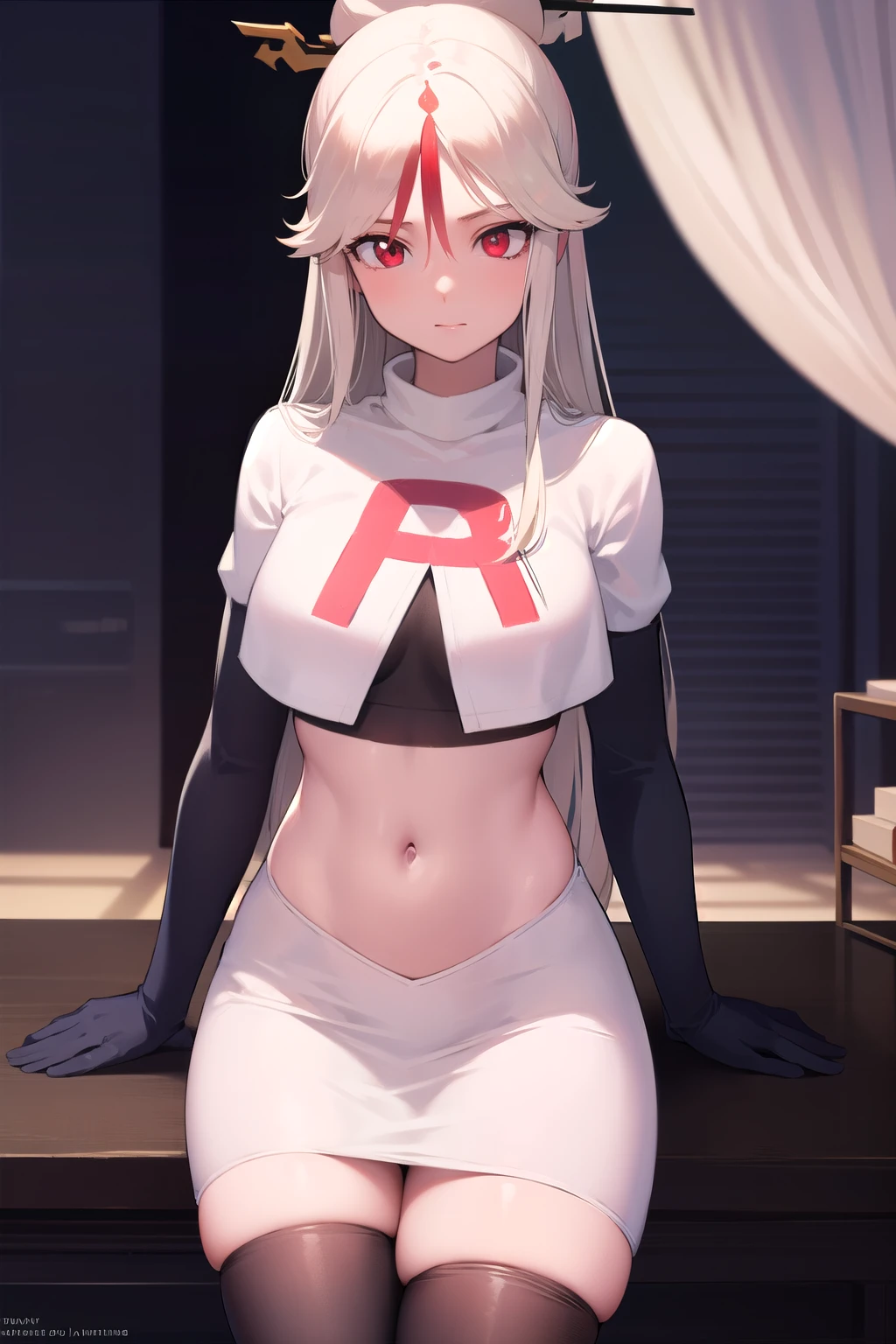 ningguang, ningguang, grey hair, hair ornament, hairpin, long hair, parted bangs, (red eyes:1.5), sidelocks, streaked hair, red hair,
BREAK jewelry, team rocket,team rocket uniform,white skirt,red letter R,crop top,black thigh-highs,black elbow gloves,
BREAK looking at viewer, cowboy shot,
BREAK (masterpiece:1.2), best quality, high resolution, unity 8k wallpaper, (illustration:0.8), (beautiful detailed eyes:1.6), extremely detailed face, perfect lighting, extremely detailed CG, (perfect hands, perfect anatomy),