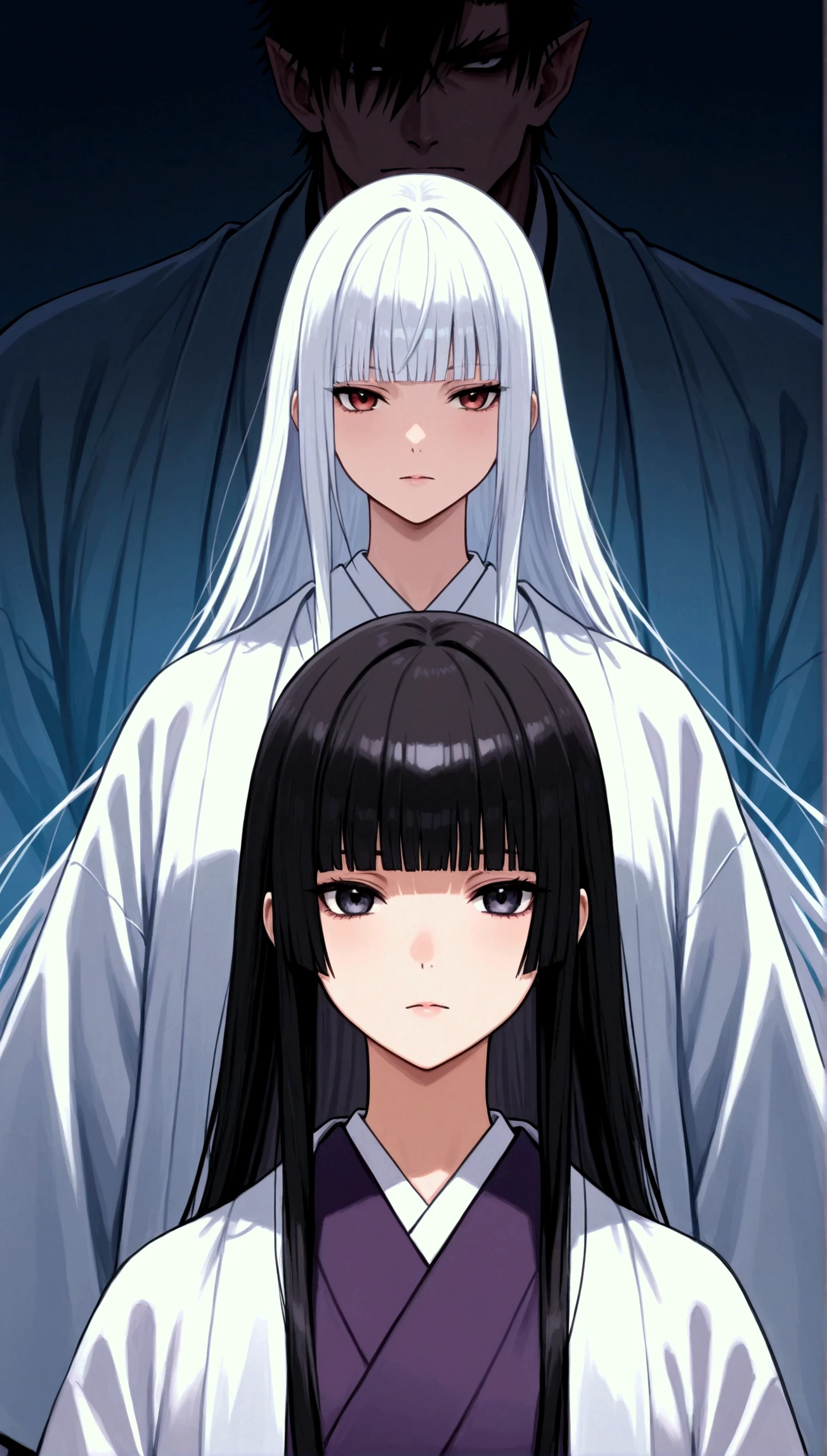 , a woman in a kimono is standing with a white stole,  portrait of Sadako de El Aro  ,  handsome Japanese demon boy  , white hime cut hairstyle  ,  the penetrating gaze of a Yuki-Onna  , Black Hime Haircut,  with long white hair , Japanese Gothic, The haircut of hime , Sui Ishida with black hair, loose hair and long robes , Japanese goddess