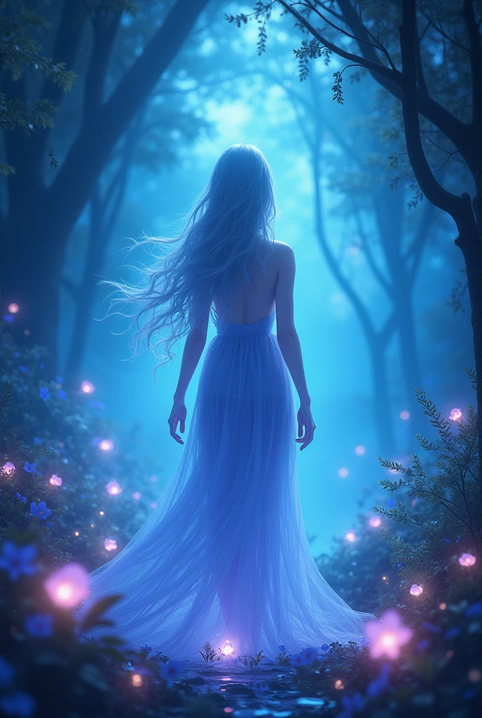 In a mystical glade deep within an ancient forest, a seductive female elf with silver hair and violet eyes gracefully dances under the stars. She wears a flowing, semi-transparent gown that reveals her graceful silhouette. Her skin glows faintly in the moonlight, and her bare feet move softly on the mossy ground. Around her, the air is filled with glowing pollen, and ethereal blue flowers bloom, creating an atmosphere of serene beauty and otherworldly magic. The gentle sounds of nature blend with her soft lullaby, creating a scene of tranquil enchantment.