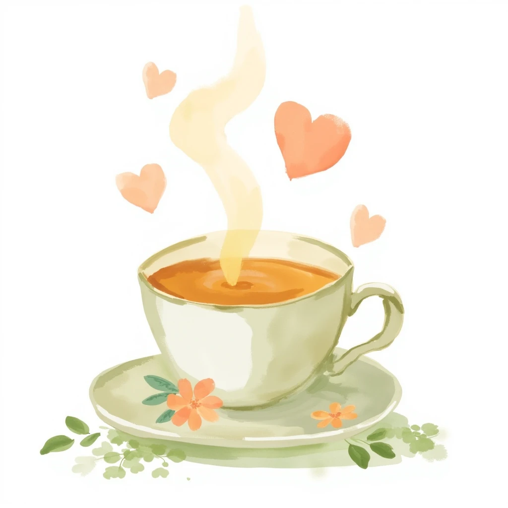 A watercolor illustration of a teacup filled with tea. There is steam rising from the tea, and it forms hearts and soft flowers around the cup. The cup is on a saucer. The background is white and has small green leaves