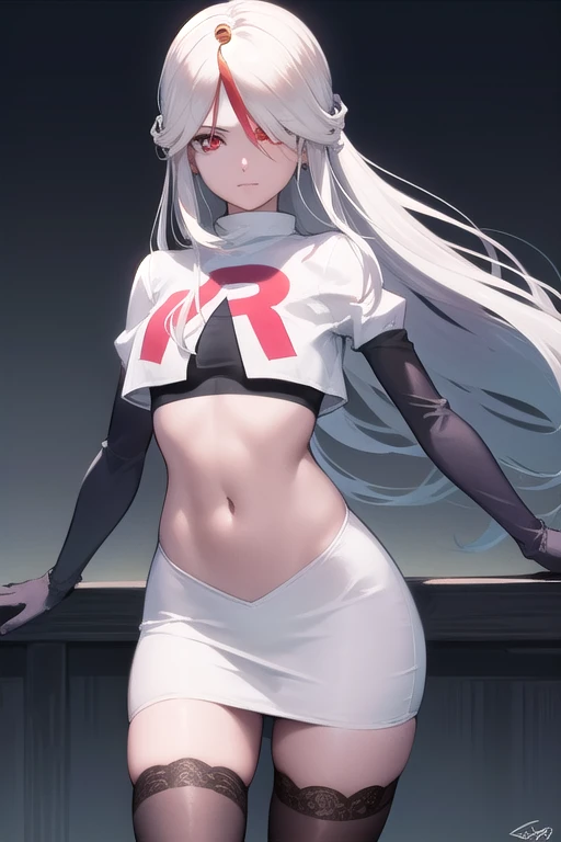 ningguang, ningguang, grey hair, hair ornament, hairpin, long hair, parted bangs, (red eyes:1.5), sidelocks, streaked hair, red hair,
BREAK jewelry, team rocket,team rocket uniform,white skirt,red letter R,crop top,black thigh-highs,black elbow gloves,
BREAK looking at viewer, cowboy shot,
BREAK (masterpiece:1.2), best quality, high resolution, unity 8k wallpaper, (illustration:0.8), (beautiful detailed eyes:1.6), extremely detailed face, perfect lighting, extremely detailed CG, (perfect hands, perfect anatomy),