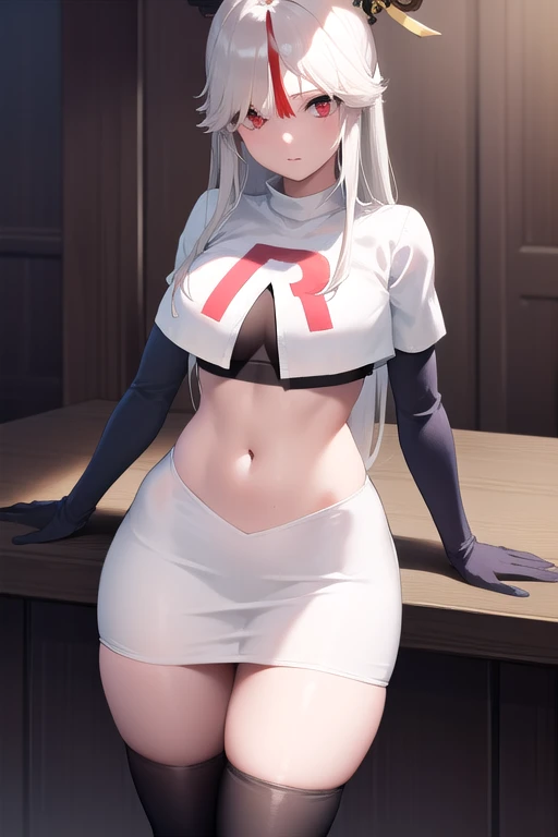 ningguang, ningguang, grey hair, hair ornament, hairpin, long hair, parted bangs, (red eyes:1.5), sidelocks, streaked hair, red hair,
BREAK jewelry, team rocket,team rocket uniform,white skirt,red letter R,crop top,black thigh-highs,black elbow gloves,
BREAK looking at viewer, cowboy shot,
BREAK (masterpiece:1.2), best quality, high resolution, unity 8k wallpaper, (illustration:0.8), (beautiful detailed eyes:1.6), extremely detailed face, perfect lighting, extremely detailed CG, (perfect hands, perfect anatomy),