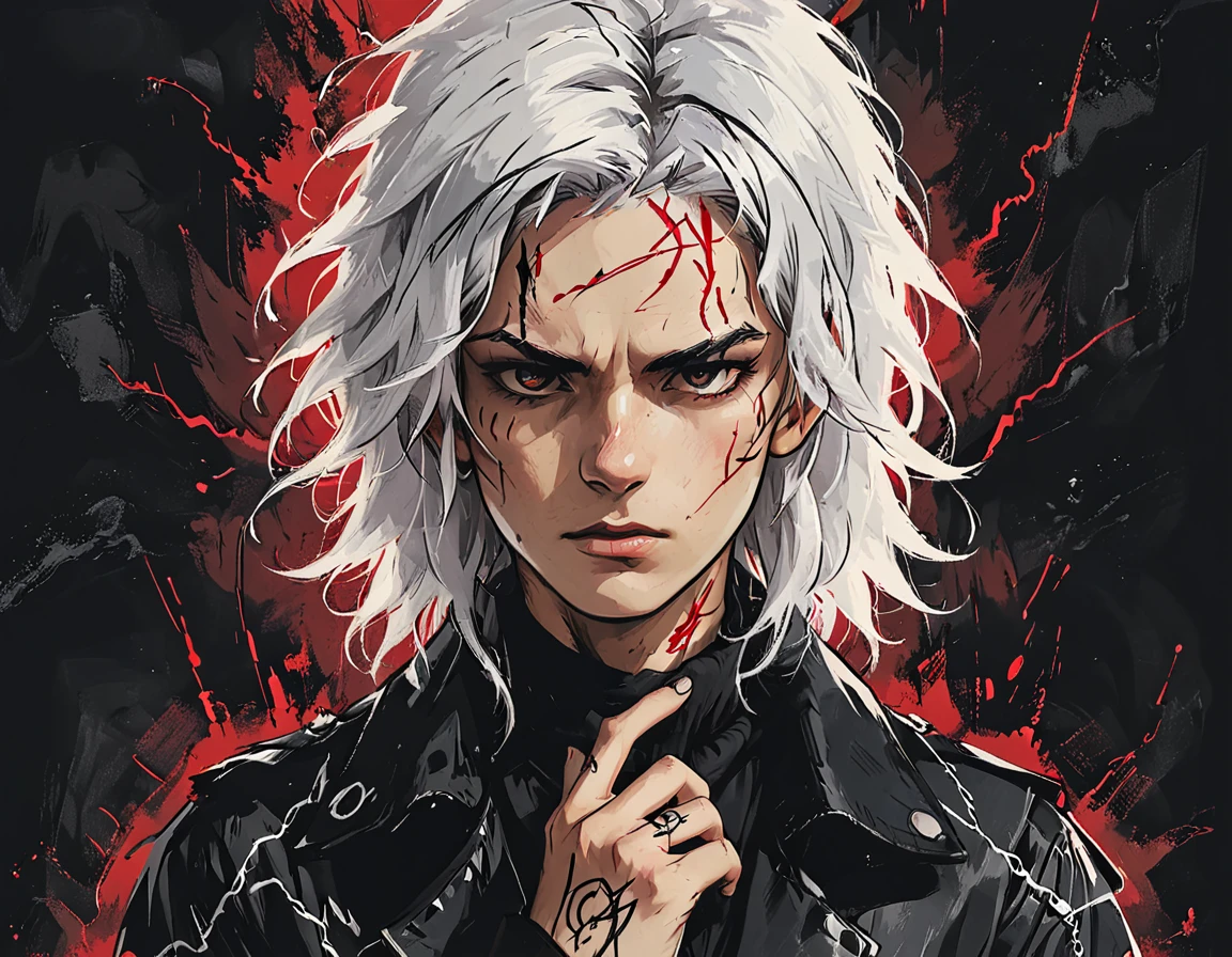 young boy,  white hair with black locks , red circles , line tattoos on all fingers, Lightning around