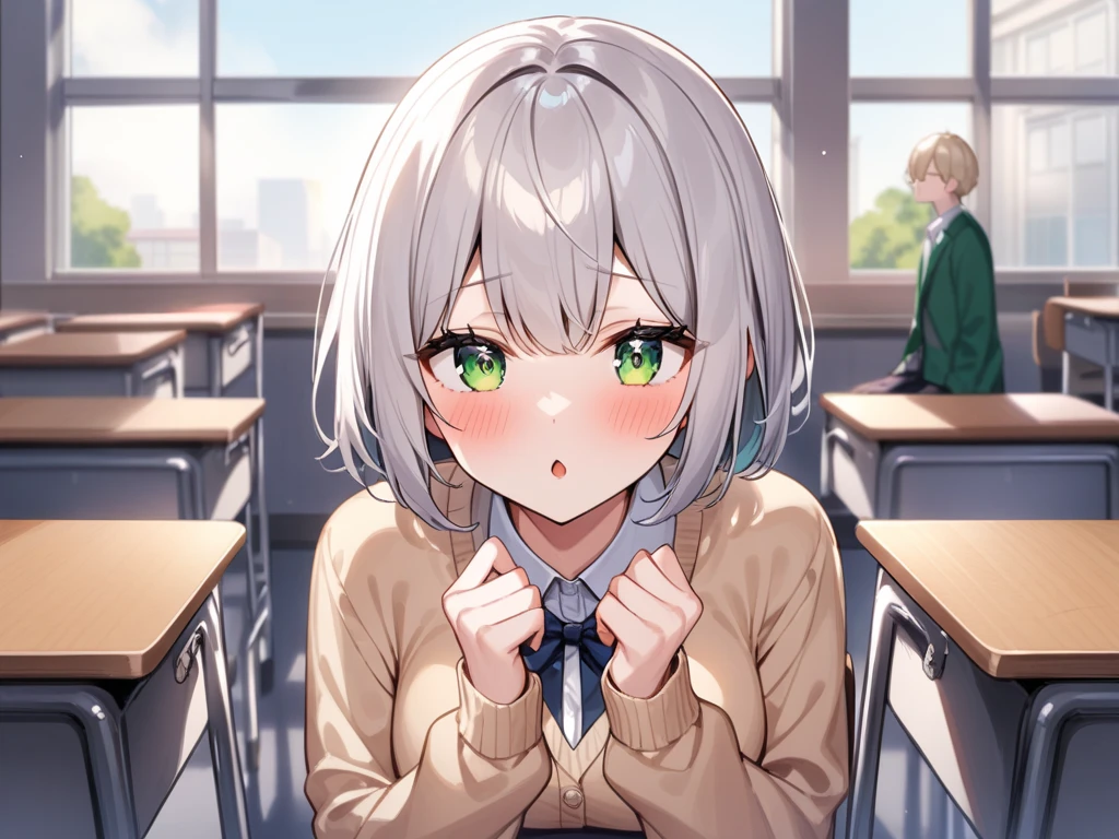 Silver short bob、 high school girl wearing a beige cardigan who is leaving school with her boyfriend、 green eyes、Height: 150cm、Breasts are about D cup、１Alone、Waiting for my boyfriend at my desk in the classroom