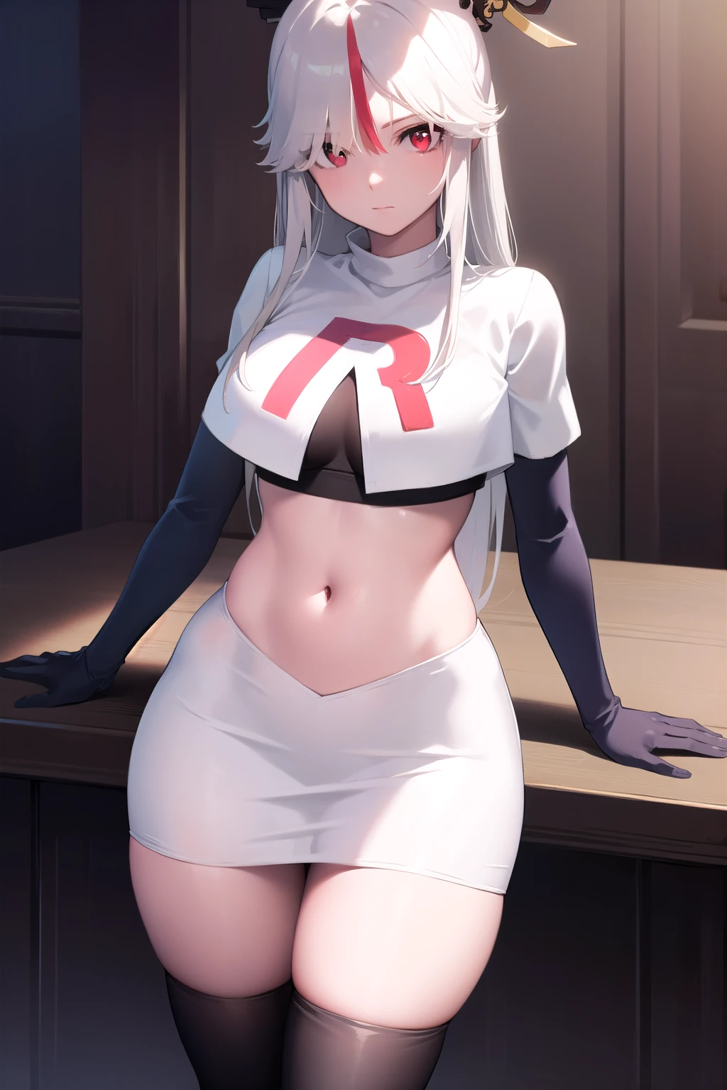 ningguang, ningguang, grey hair, hair ornament, hairpin, long hair, parted bangs, (red eyes:1.5), sidelocks, streaked hair, red hair,
BREAK jewelry, team rocket,team rocket uniform,white skirt,red letter R,crop top,black thigh-highs,black elbow gloves,
BREAK looking at viewer, cowboy shot,
BREAK (masterpiece:1.2), best quality, high resolution, unity 8k wallpaper, (illustration:0.8), (beautiful detailed eyes:1.6), extremely detailed face, perfect lighting, extremely detailed CG, (perfect hands, perfect anatomy),