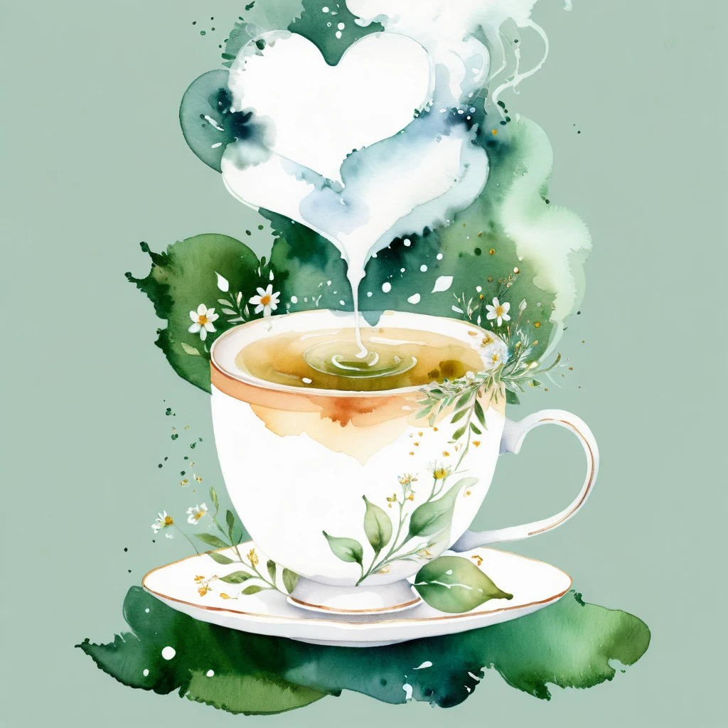 A watercolor illustration of a teacup filled with tea. There is steam rising from the tea, and it forms hearts and soft flowers around the cup. The cup is on a saucer. The background is white and has small green leaves