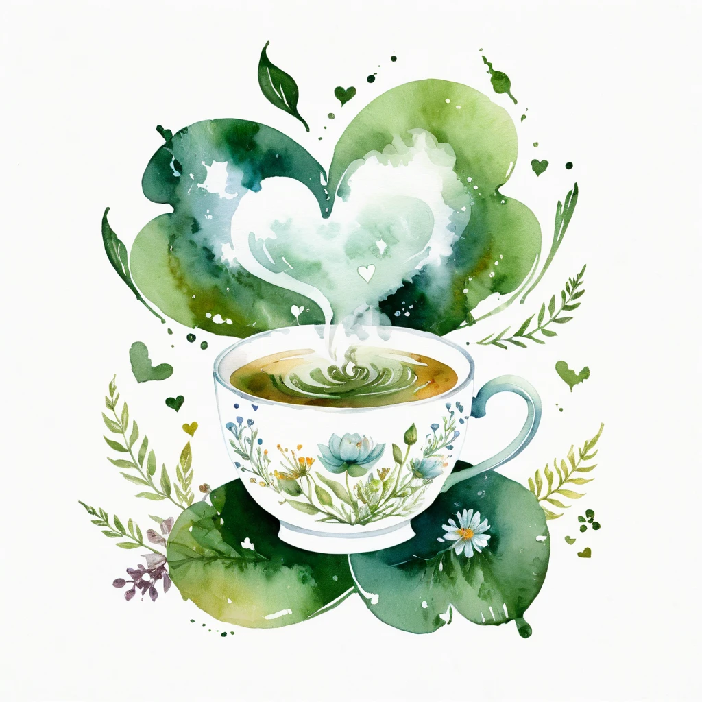 A watercolor illustration of a teacup filled with tea. There is steam rising from the tea, and it forms hearts and soft flowers around the cup. The cup is on a saucer. The background is white and has small green leaves