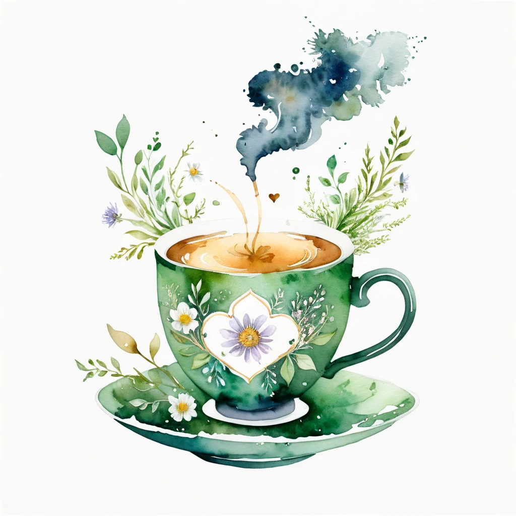 A watercolor illustration of a teacup filled with tea. There is steam rising from the tea, and it forms hearts and soft flowers around the cup. The cup is on a saucer. The background is white and has small green leaves