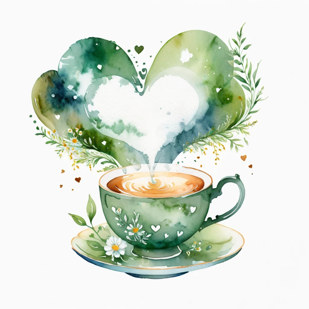 A watercolor illustration of a teacup filled with tea. There is steam rising from the tea, and it forms hearts and soft flowers around the cup. The cup is on a saucer. The background is white and has small green leaves