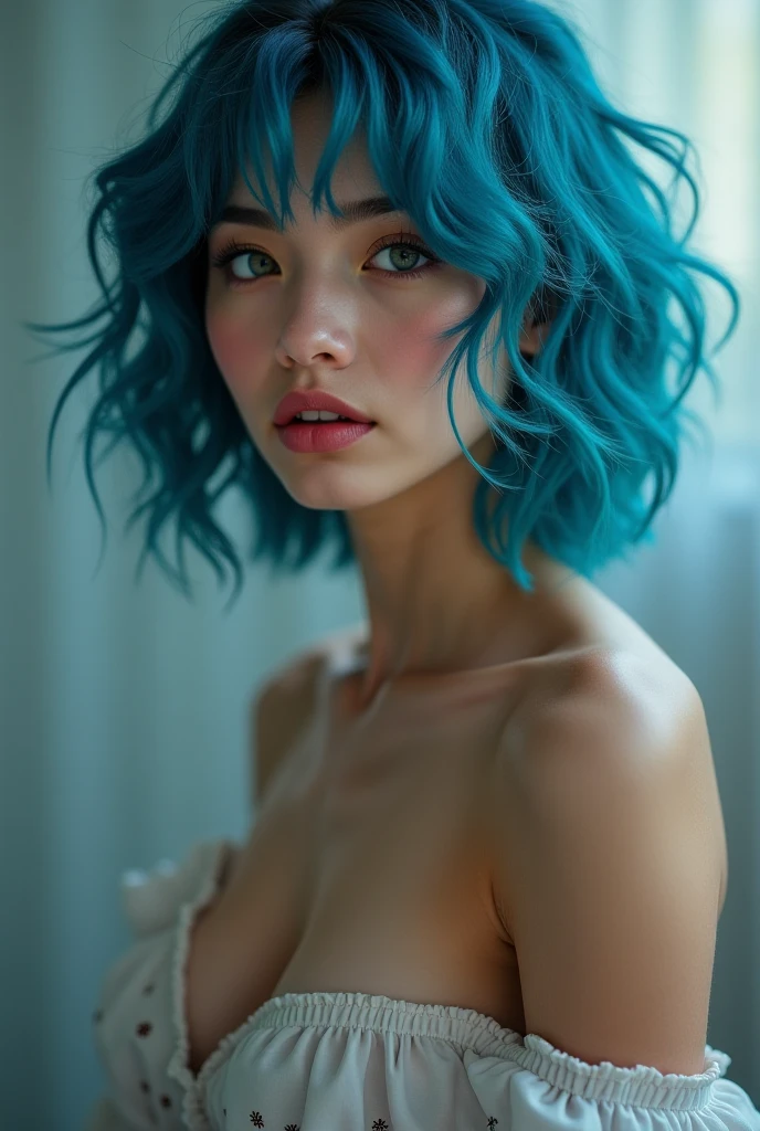 1 girl, Blue hair, (Naked body), (pubic hair), (good natural lighting)