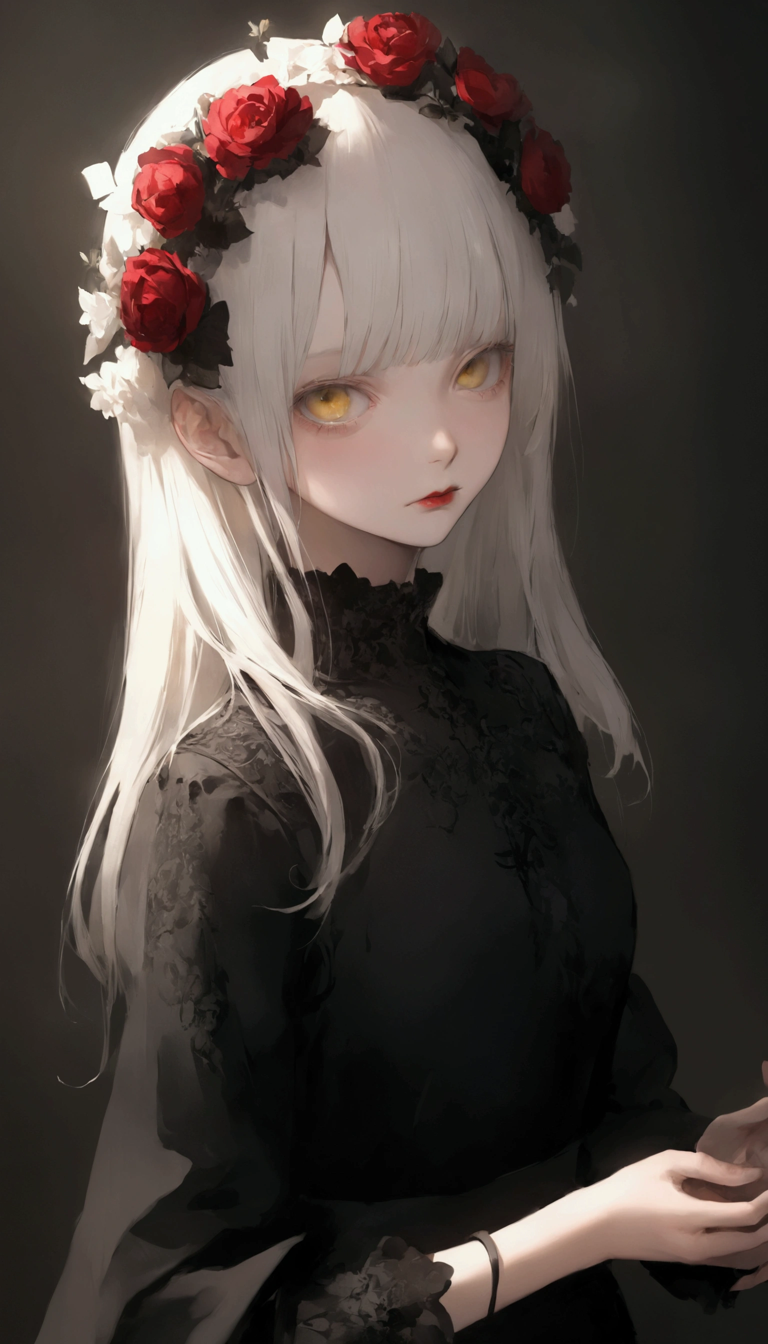 ((  surreal illustration with slightly red flower heads:1.3)),(Black clothes),    one woman、Alone、   cute 18 year old、 (albino:1.4)、Slavic Women  、 ,    long white hair   ,   yellow eyes、I'm wearing a  , ((The flower head is slightly red  :1.4)).   Innocent expression   . kind.(virgin),   expressionless、(   playful   :1.2).    mascara, Glass, Red lipstick,    dress, (   black pantyhose ), pumps. Masterpiece, (   very detailed:1.2),(     detailed faces and eyes  :1.2), 8k wallpaper,    Moody Lighting. Core Shadow,    high contrast , Bokeh.