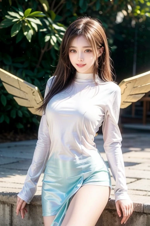 ophanimon,Blonde Hair, mint eyes, laugh,masterpiece, best quality, in detail,cute (big breasts), (split), whole body, gold Angel Wings, Best image quality、masterpiece、8k、Anime Face、A kind smile、 beautiful body 、Cowboy Shot,sexy、Very detailed、highest quality, (((sexy cloth)))