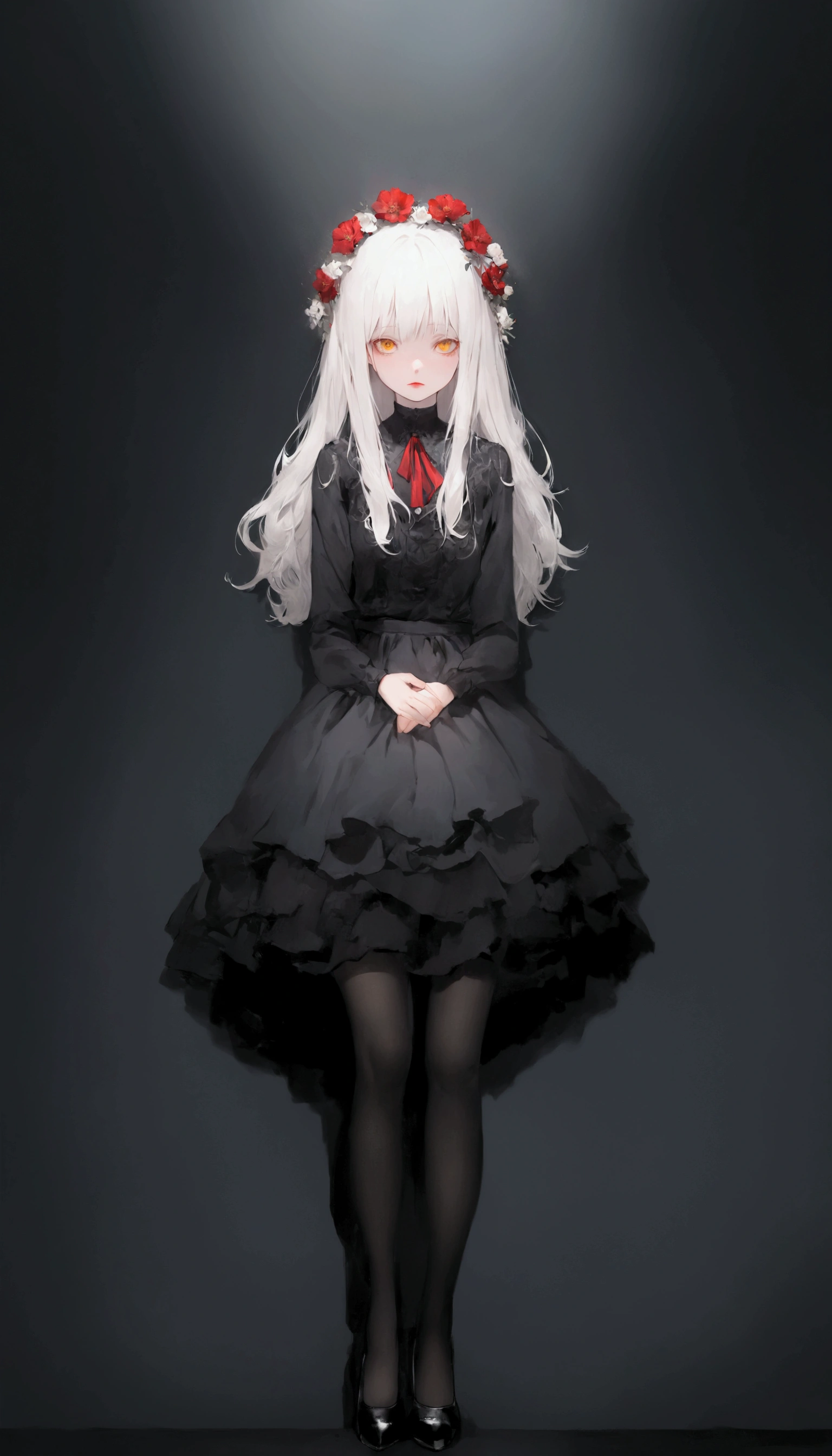 ((  surreal illustration with slightly red flower heads:1.3)),(Black clothes),    one woman、Alone、   cute 18 year old、 (albino:1.4)、Slavic Women  、 ,    long white hair   ,   yellow eyes、I'm wearing a  , ((The flower head is slightly red  :1.4)).   Innocent expression   . kind.(virgin),   expressionless、(   playful   :1.2).    mascara, Glass, Red lipstick,    dress, (   black pantyhose ), pumps. Masterpiece, (   very detailed:1.2),(     detailed faces and eyes  :1.2), 8k wallpaper,    Moody Lighting. Core Shadow,    high contrast , Bokeh.