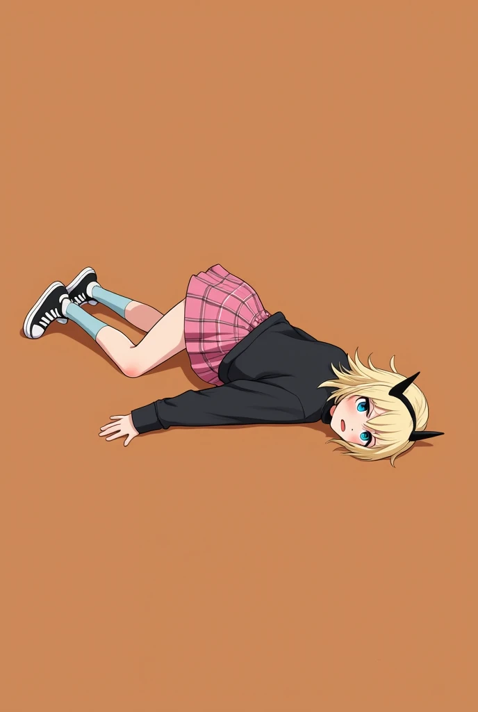 girl, blue eyes, pale yellow hair, long hair, headband with small black horns, kawaii, short pink checkered skirt with black, loose black shirt with long sleeve, white and black canvas shoes, tall of stature, Modern Anime Style, A detailed illustration of a female outfit featuring a black oversized sweater with long sleeves, paired with a short pink plaid skirt that flares slightly outward. The outfit is completed with black low-top sneakers featuring white laces, worn with light blue socks. The design shows both front and back views of the outfit, side by side, emphasizing clean lines, realistic fabric textures, and proper proportions. The background is plain white, focusing entirely on the clothing and accessories. She is lying on the ground, dead. His expression on his face is one of pain and suffering, long hair, long hair