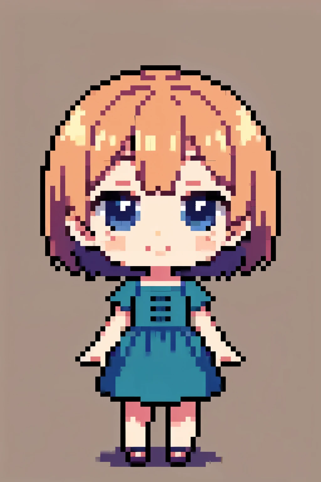 A pixel art of a chibi anime girl with short hair, wearing a simple dress. She has big eyes, a small smile, and rosy cheeks. The design is minimalistic with no background, focusing on the cute character in a clean and basic pixel style.