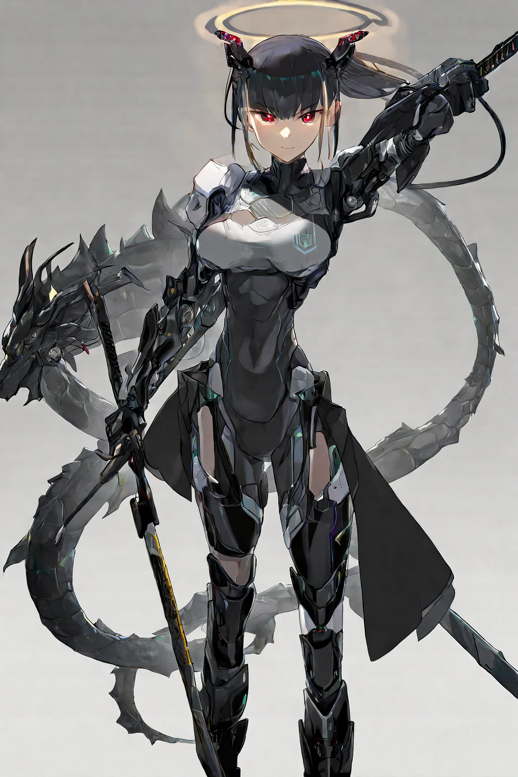 masterpiece,best quality,ultra detailed,by Anime Illust Diffusion XL ,(1girl:1.2),black dragon cyborg girl, full body,
(front posture:1.5),
holding a giant greatsword with a mechanical blade, standing against a minimalist light gray background