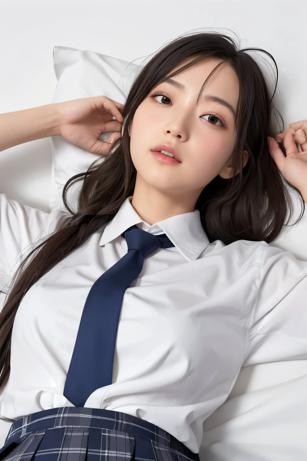 (((lie the bed on her back, arms up behind,from aboveblush,little smile,red cheek))),(((オフィスレディ、OL、office lady、formal clothes、gray vest)))、(((horseshoe-shaped hairband)))、sexy,formal ,vivid color panty,high heel、(((full body,including legs)))、Dressed up、(Photo real:1.4)、(A hyper-realistic:1.4)、(Photorealistic:1.3)、 (gentle lighting: 1.05)、(Improve the lighting quality of your video:0.9)、32k、 1Girl、25years old girl、photorealistic lighting、Back lighting、Facial Lights、Ray Trace、(bright:1.2)、(Increase quality:1.4)、 (best quality real texture skin)、Fair eyes,Delicate and delicate face、 (tired and sleepy and satisfied : 0.0), Close-up of the face,gray vest,tight gray blouse [button gap :1.2],very tight gray shirt ,((([see through shirts:1.5]))), gray midium skirt , ((gray pantyhose)),(Bodyline mood improvement:1.1)、Glossy skin、wavy hair、韓国アイドル、乃木坂アイドル、Sculptural Idol Pose、little smile,blush,Beautiful actress、Neat woman,whole body, large breasts,(perfect row of teeth),slender waist and hip,beautiful long legs,(full shot)、((8heads tall)、(((誘惑している、恥ずかしい)))、random dynamic pose,(eye shadow),(red cheek、red lips),(Super Clean Night View、night time)、blush,little smile,(((full shot)))、((((((a little open the legs,lie the bed on her back,arms up behind,from above))),(((in the luxury night office)))