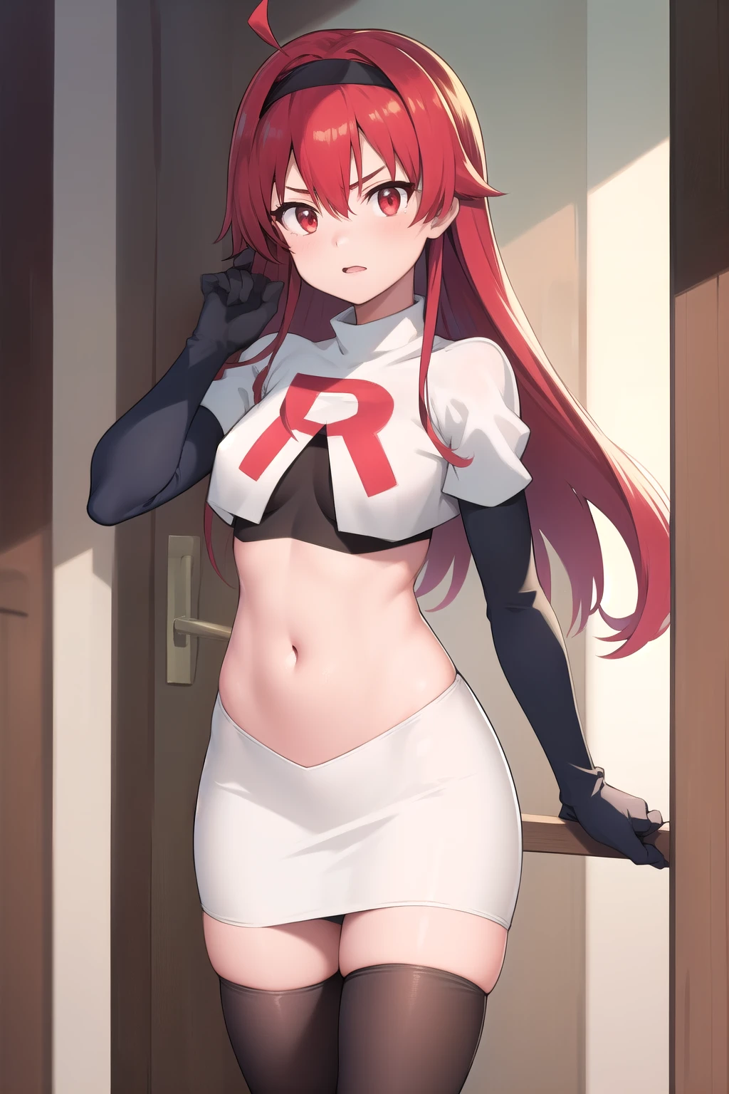 female, masterpiece, highly detailed, ultra detailed, best quality, highest quality, SFW, hyperdetailed, anime,1girl, solo, sky, looking at viewer, cowboy shot, smile, smug, team rocket uniform, white jacket, white skirt, pencil skirt, miniskirt, thighhigh boots, midriff, red letter "R", <lora:teamRocketUniform_V1:1>, long red hair, wavy hair, bright red eyes