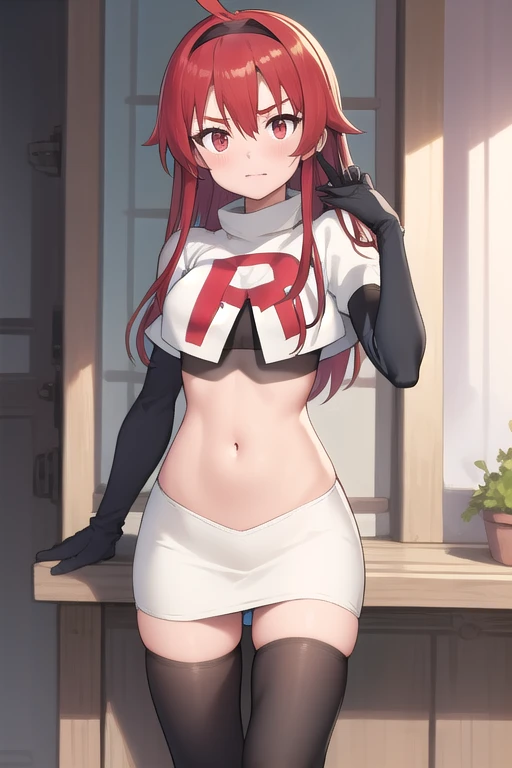 masterpiece, absurdres, Shikanoin Heizou,male focus, trap, crossdressing,1boy,team rocket,team rocket uniform,white skirt,red letter R,crop top,black thigh-highs,black elbow gloves, embarrassed, blush