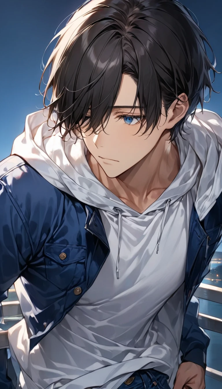  dark-haired young man"Asuka" , Face direction: facing diagonally downward  , What Yu can see ,clothing: wearing a white hoodie and blue jacket in jeans  ,  bust up , Look away