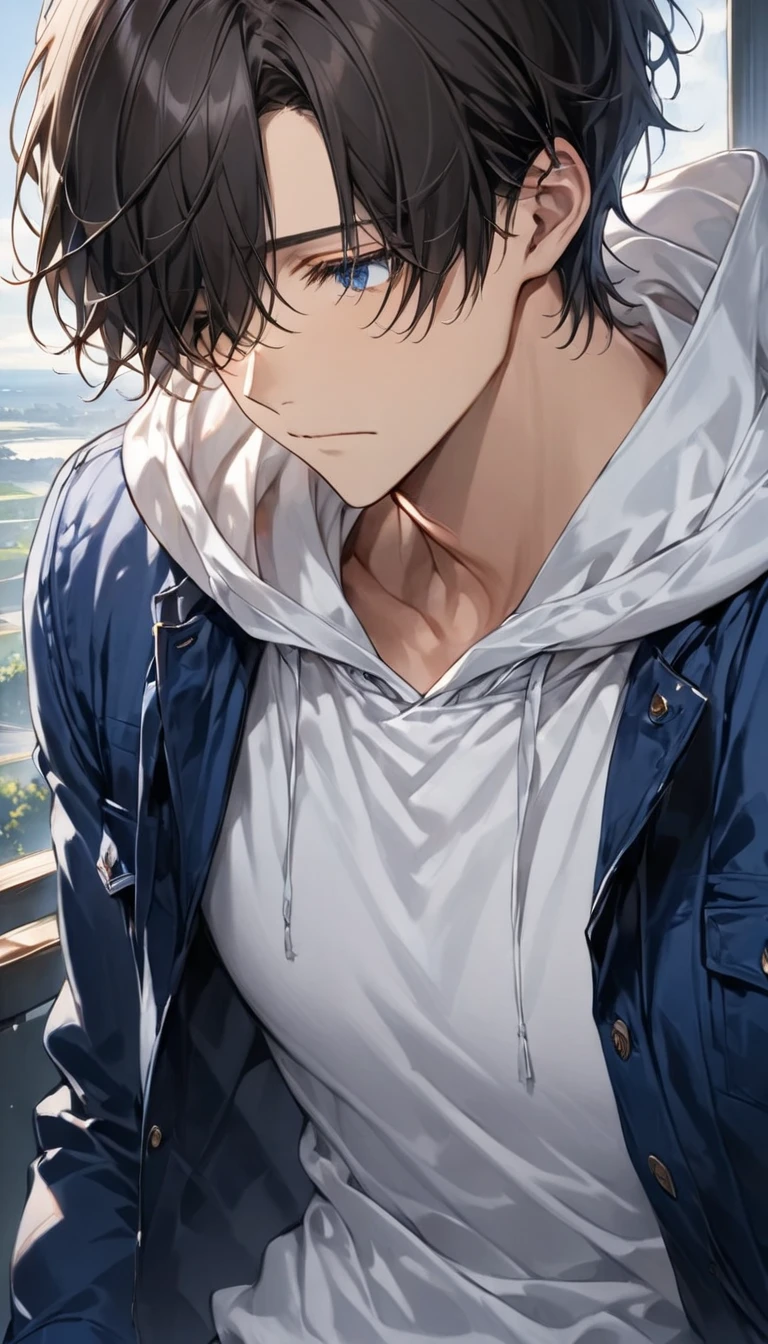  dark-haired young man"Asuka" , Face direction: facing diagonally downward  , What Yu can see ,clothing: wearing a white hoodie and blue jacket in jeans  ,  bust up , Look away