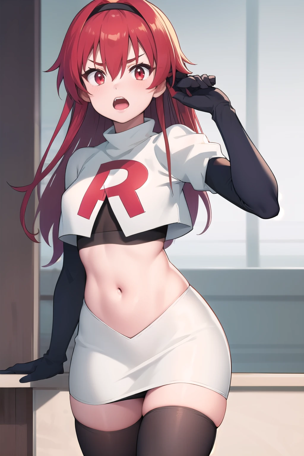 bluearchivearu, aru, halo, horns, long hair, (orange eyes:1.5), pink hair, bangs, blunt bangs,
BREAK horns, team rocket,team rocket uniform,white skirt,crop top,black thigh-highs,black elbow gloves
BREAK looking at viewer,
BREAK (masterpiece:1.2), best quality, high resolution, unity 8k wallpaper, (illustration:0.8), (beautiful detailed eyes:1.6), extremely detailed face, perfect lighting, extremely detailed CG, (perfect hands, perfect anatomy),