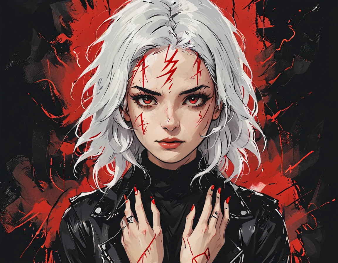 young girl,  white hair and black locks, red circles , line tattoos on all fingers, lightning around 