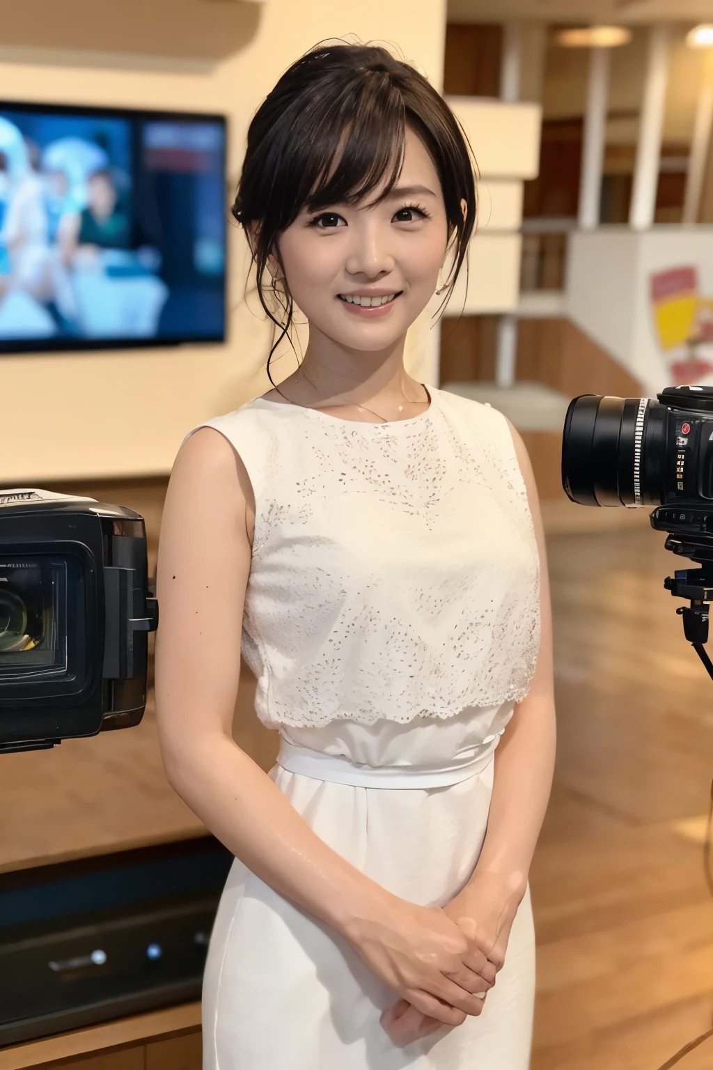 ( top quality, 8k, 32K, Masterpiece, ultra high definition:1.2), cute Japanese girl , Short Black Hair , bangs,
Thin Waist, TV Studio 、 announcer、Live broadcast、Nama-mister.々 Camera Angle、Smiling at the camera、