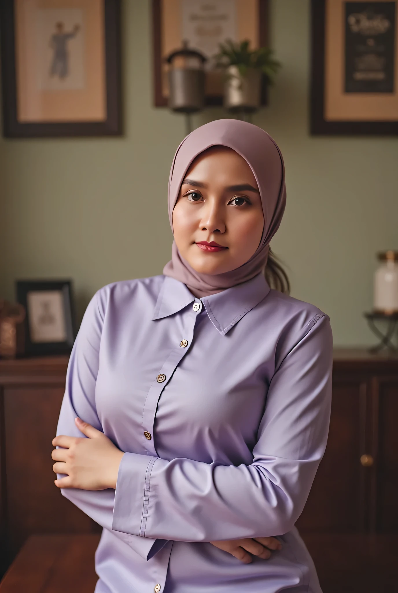 RAW, Best quality, high resolution, masterpiece: 1.3), beautiful 18 years old indonesian muslim girl, (wearing hijab), Masterpiece, perfect fit body, naughty smile, big breast, Soft smile,thick thighs, modern hijab, girl in sexy office suit, wearing a sexy peplum blazer, cleavage cutout, long skirt, sexy office clothes,  afternoon walk, City garden, Excellent lighting, Bright colors, Clean lines